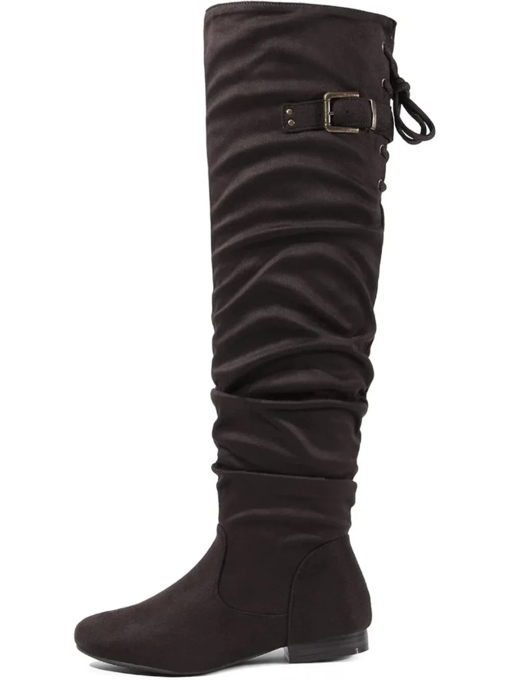 Women's Brown Flat Heel Pointed Toe Slouch Over The Knee Thigh High Boots
